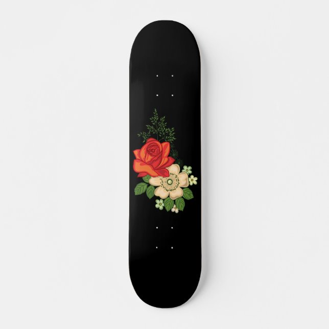 Skateboard Rosa Roja y Margaritas Fondo Negro (Anverso )