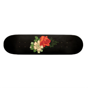 Skateboard Rosa Roja y Margaritas Fondo Negro