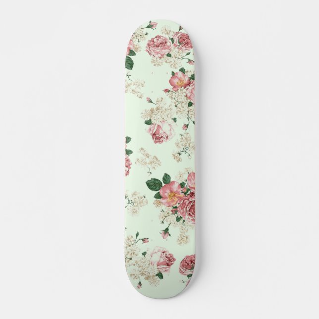 Skateboard Rosa sobre la flor vintage verde (Anverso )