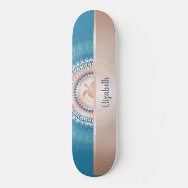 Skateboard Rosa Tortuga dorada Mandala Añadir nombre turquesa (Anverso)