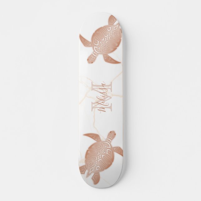 Skateboard Rosa Tortuga dorada Mármol blanco Monograma Su nom (Anverso )