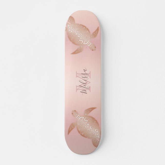 Skateboard Rosa Tortuga dorada Rubor Apricot Monograma tropic (Anverso )