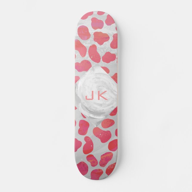 Skateboard Rosa y blanco dálmata con monograma (Anverso)
