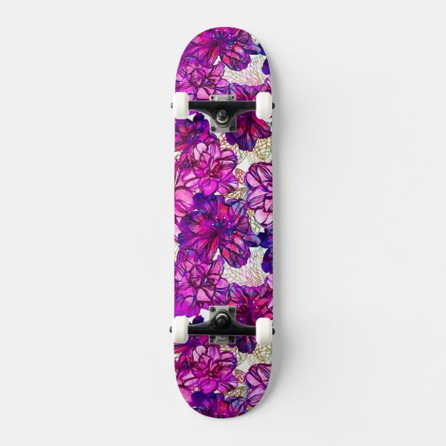 Skateboard Rosa y modelo de flores abstracto púrpura (Anverso)
