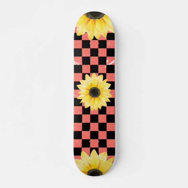 Skateboard rosado y negro Checkered y girasol (Anverso )