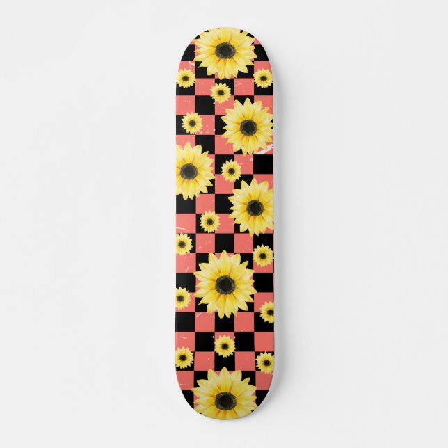 Skateboard rosado y negro Checkered y girasol (Anverso )