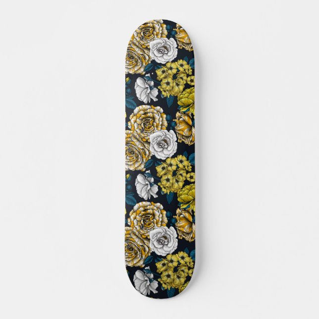 Skateboard Rosas amarillos, blancos y bicolor con hojas azule (Anverso )