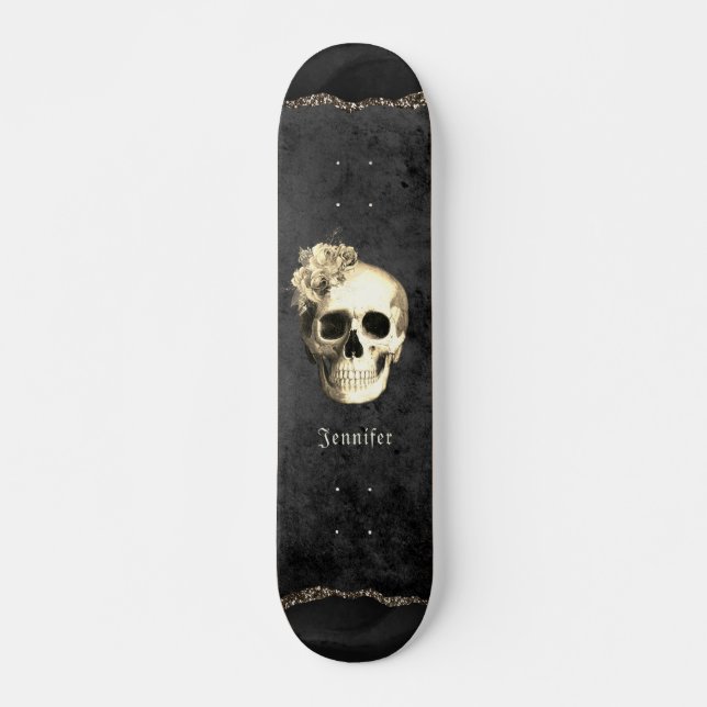 Skateboard Rosas blancas de cráneo gótica personalizadas (Anverso )