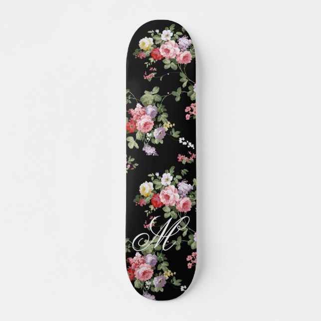 Skateboard Rosas botánicos rosados elegantes de color negro v (Anverso )
