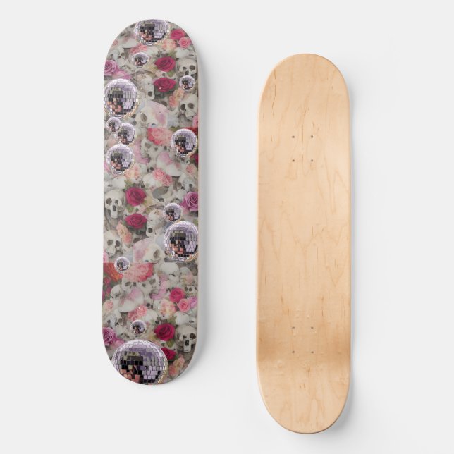 Skateboard Rosas de cráneo y bolas de disco rosado (Anverso)