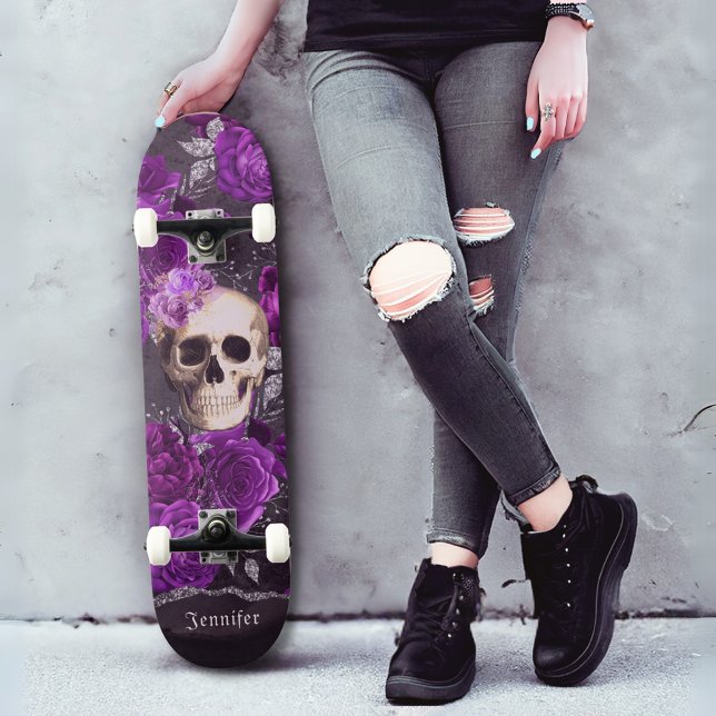 Skateboard Rosas góticos del cráneo oscuro morado personaliza (Subido por el creador)