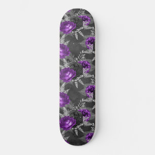 Skateboard Rosas morados negros plata deja jardín oscuro