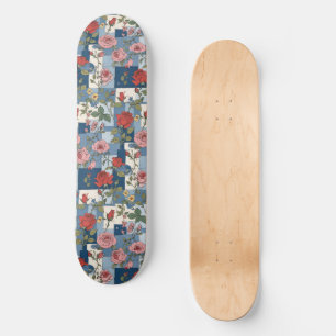 Skateboard Rosas Retro Blue Jean Denim Patchwork Floral