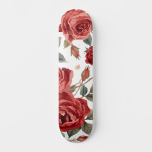 Skateboard Rosas Rojas Acuarela Floral Botánico Pintado