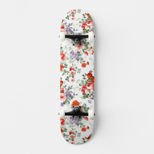 Skateboard Rosas rojos y flores del vintage (Anverso)