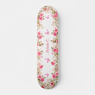 Skateboard Rosas rosas rosadas y mariposas rosadas