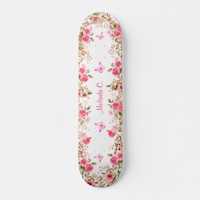 Skateboard Rosas rosas rosadas y mariposas rosadas (Anverso )