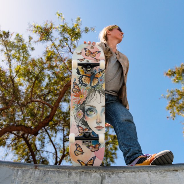 Skateboard Rostro de niña con mariposas monarca en pasteles (Exterior 1)
