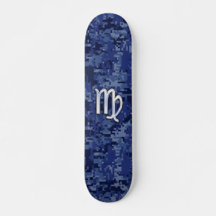 Skateboard Rótulo Virgo Zodiac en camuflaje digital azul