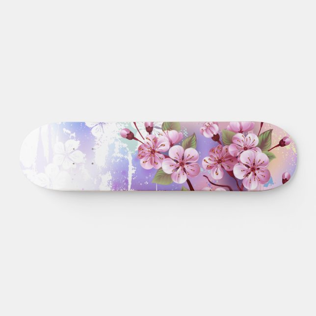 Skateboard Sakura rosa sobre fondo de pintura (Horz)