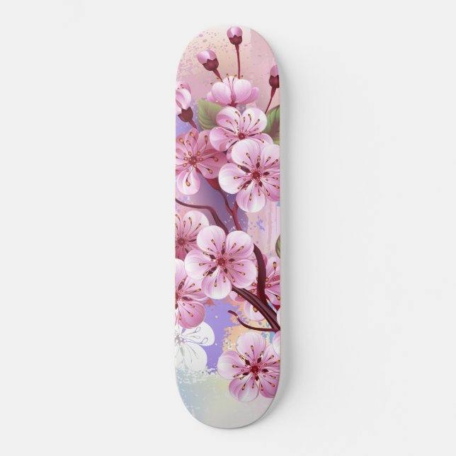 Skateboard Sakura rosa sobre fondo de pintura (Anverso)