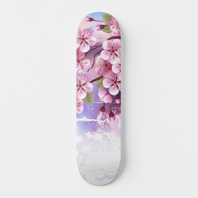 Skateboard Sakura rosa sobre fondo de pintura (Anverso)