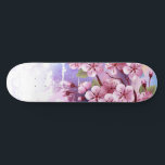 Skateboard Sakura rosa sobre fondo de pintura<br><div class="desc">Dibujado artísticamente,  rama de rosa,  flores de cerezo sobre fondo pintoresco,  texturizado,  pintado con pintura blanca,  rosa y azul. Pink Sakura</div>