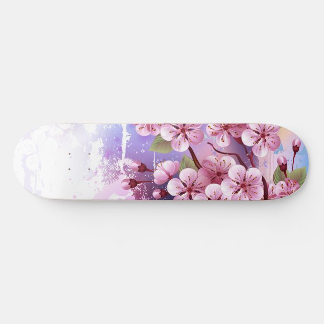 Skateboard Sakura rosa sobre fondo de pintura (Horz)