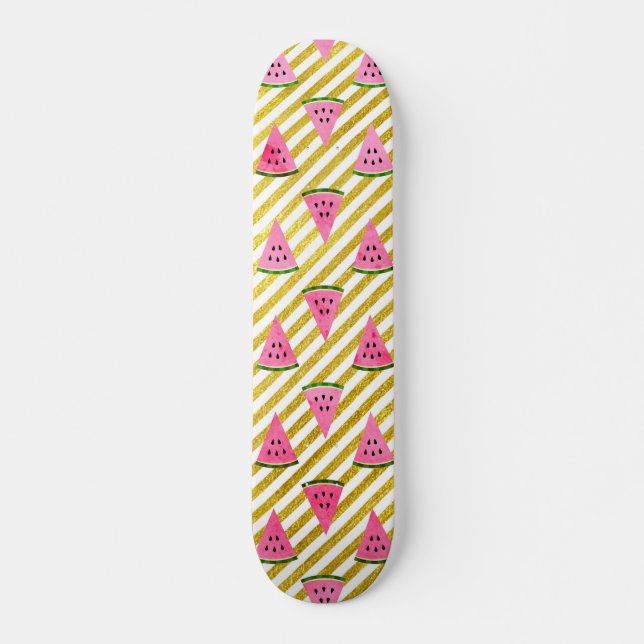 Skateboard sandía rosa y patrón de verano de franja amarilla (Anverso )