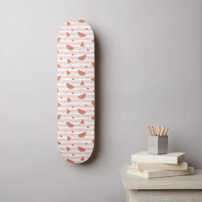Skateboard sandías rojas, corazones, rayas, patrón de verano (Arte de la pared)