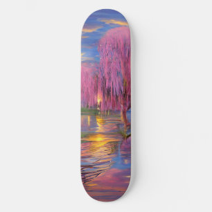 Skateboard Sauces rosados al atardecer junto al estanque