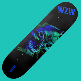 Skateboard Scary Badass Neon Blue Skull Monograma