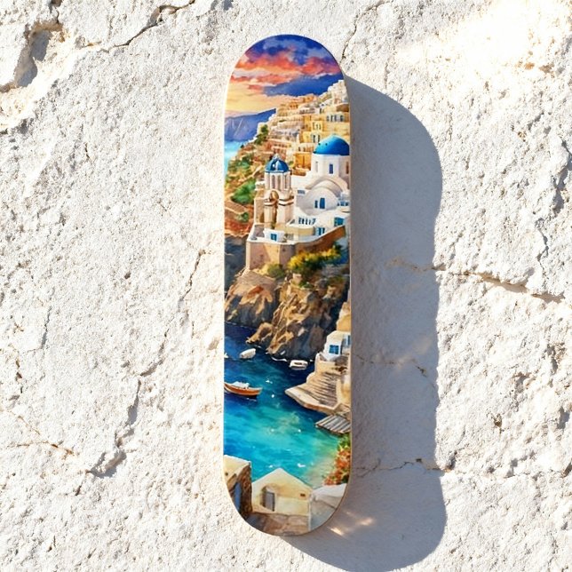 Skateboard Serene "Santorini Sunset Watercolor (Subido por el creador)