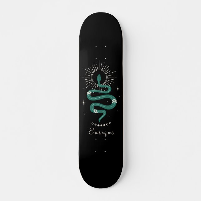 Skateboard Serpiente Celestial Verde Místico y Nombre Espuma  (Anverso )