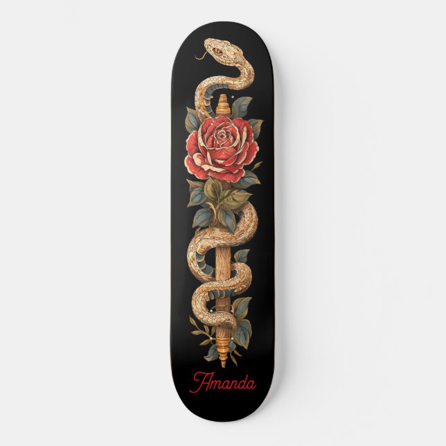 Skateboard Serpiente Python con Rosa Roja (Anverso)