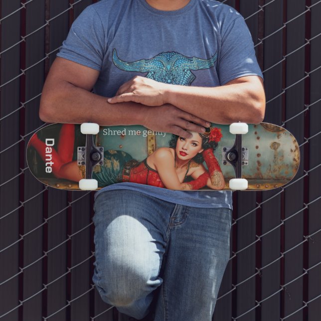 Skateboard "Shred me gently" steampunk pinup girl painting (Exterior 3)