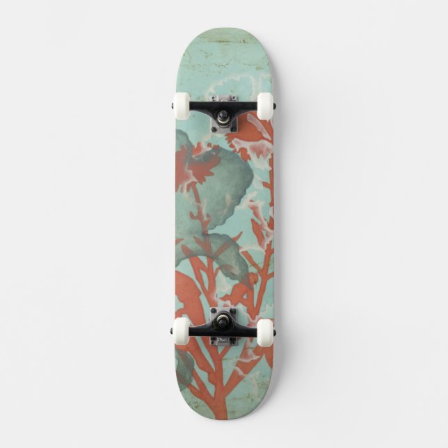 Skateboard Silhouette de flores rojas sobre fondo Verde azula (Anverso)
