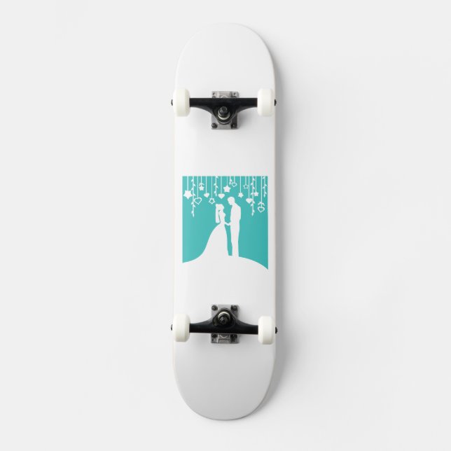 Skateboard Silhouettes Aqua & White Bride y Groom Boda (Anverso)