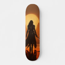 Skateboard Silueta de mujer aguerrida al amanecer