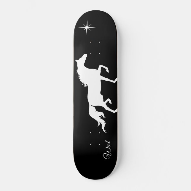 Skateboard Silueta elegante de caballo blanco sobre negro (Anverso)