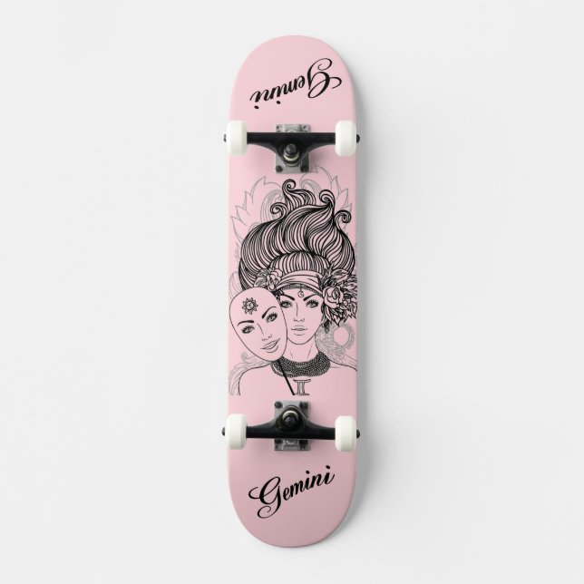 Skateboard Símbolo zodiaco de Lady Gemini y Rótulo rosado (Anverso)