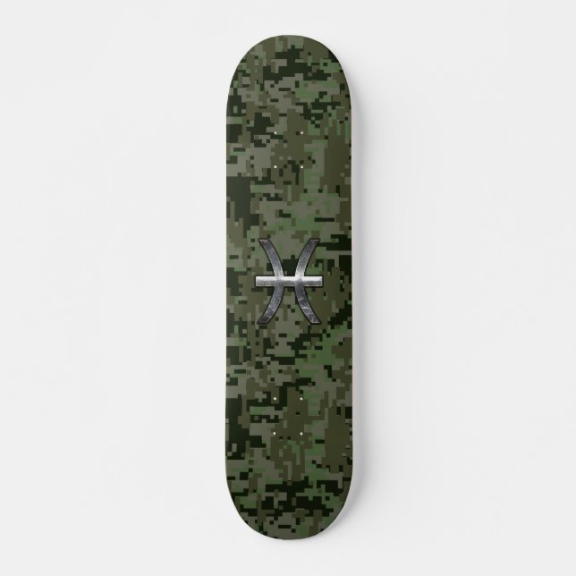 Skateboard Símbolo zodiaco de Pisces Camo Digital Verde de Wo (Anverso )