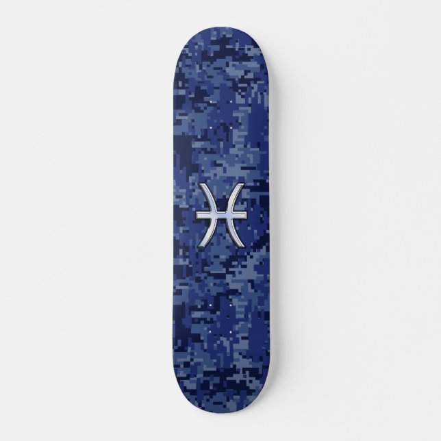 Skateboard Símbolo zodiaco de Pisces en camo digital azul de  (Anverso )