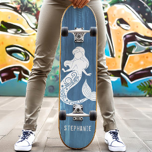 Skateboard Sirena de Playa de Madera Azul con Nombre Personal