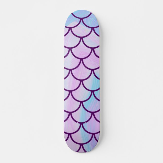 Skateboard Sirena iridiscente holográfica escalas rosadas (Anverso )