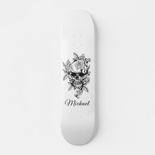 Skateboard Skeleton floral Skeleton Gótico Elegante y nombre (Anverso )