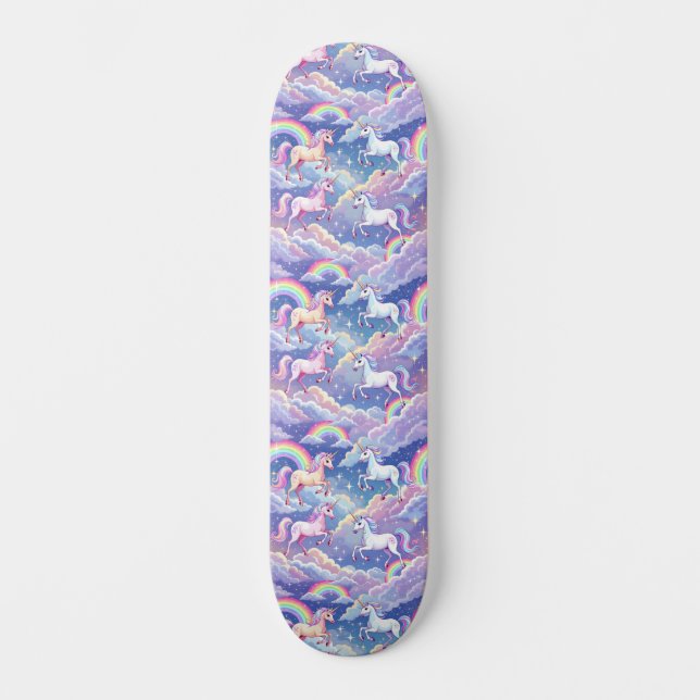 Skateboard Sparkly rainbow and unicorns on clouds (Anverso)