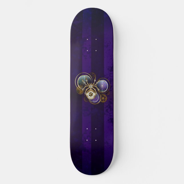 Skateboard Spider Steampunk sobre fondo morado (Anverso)
