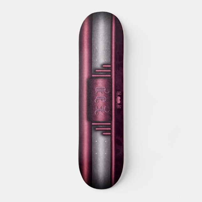 Skateboard Steampunk, corazón rosado con placa de monograma (Anverso)