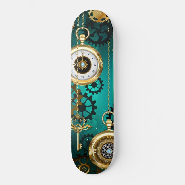 Skateboard Steampunk Jewelry Watch sobre un fondo verde (Anverso)